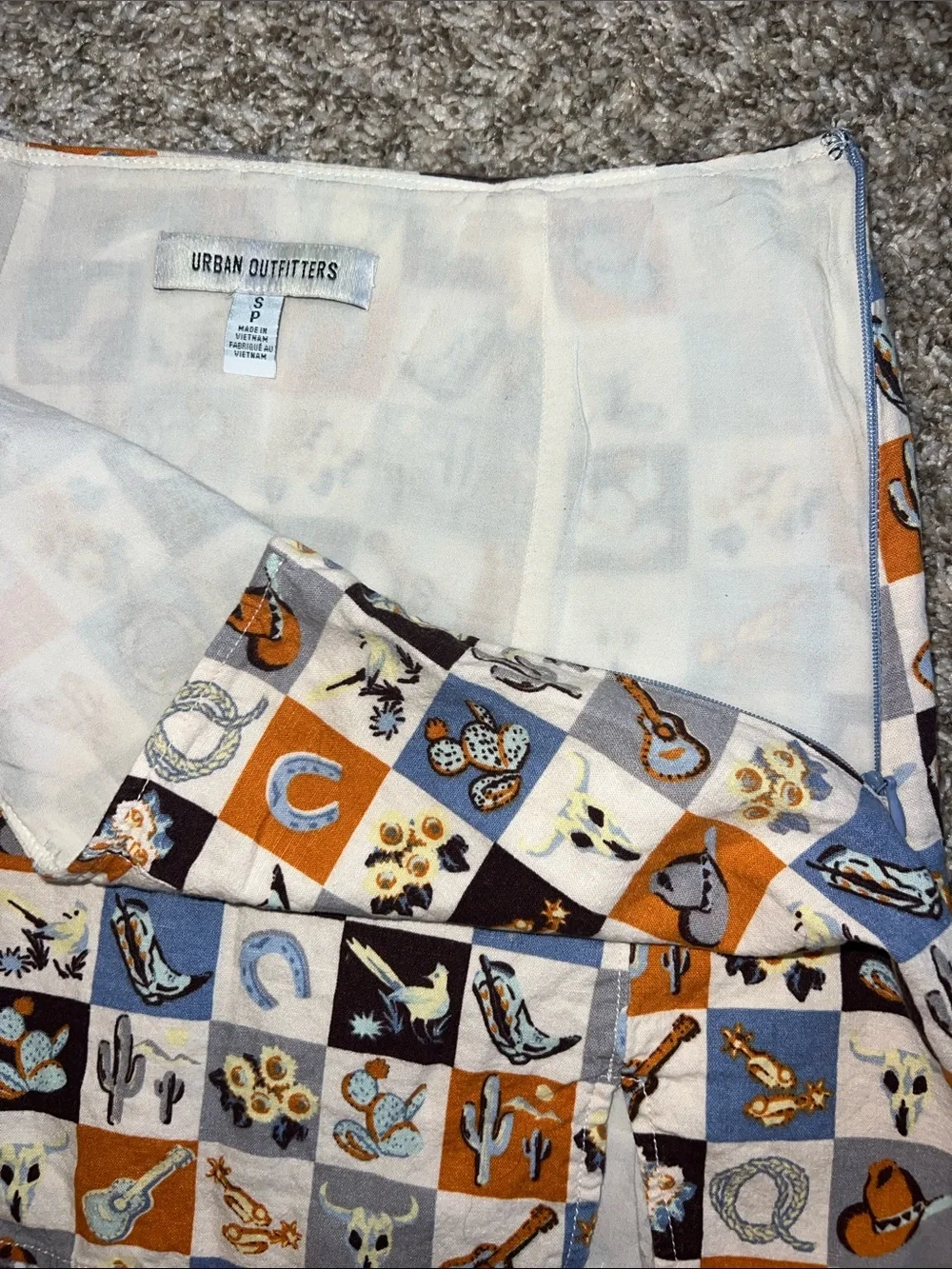 Urban Outfitters CUTE! Western Patchwork Mini Skirt in Rust, Blue & Cream Sz S - Picture 10 of 10